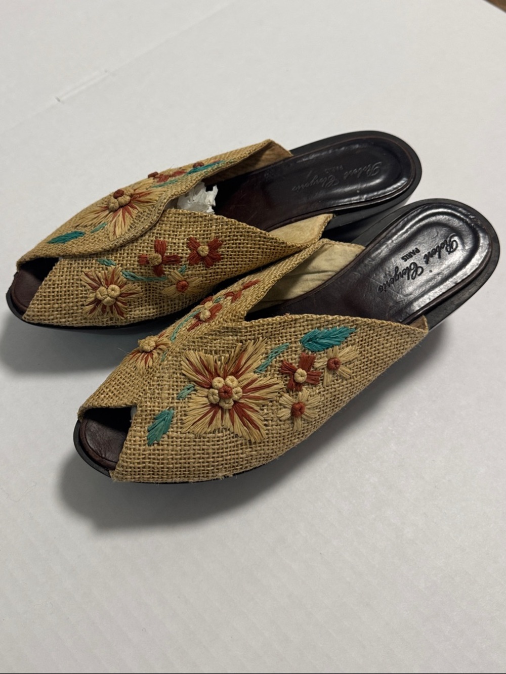 Robert Clergerie Embroidered Raffia Mules Vintage Women’s Size 9.5